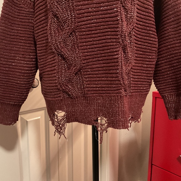 Burgundy and silver metallic thread distressed cable knit sweater by Buckle - Picture 2 of 6
